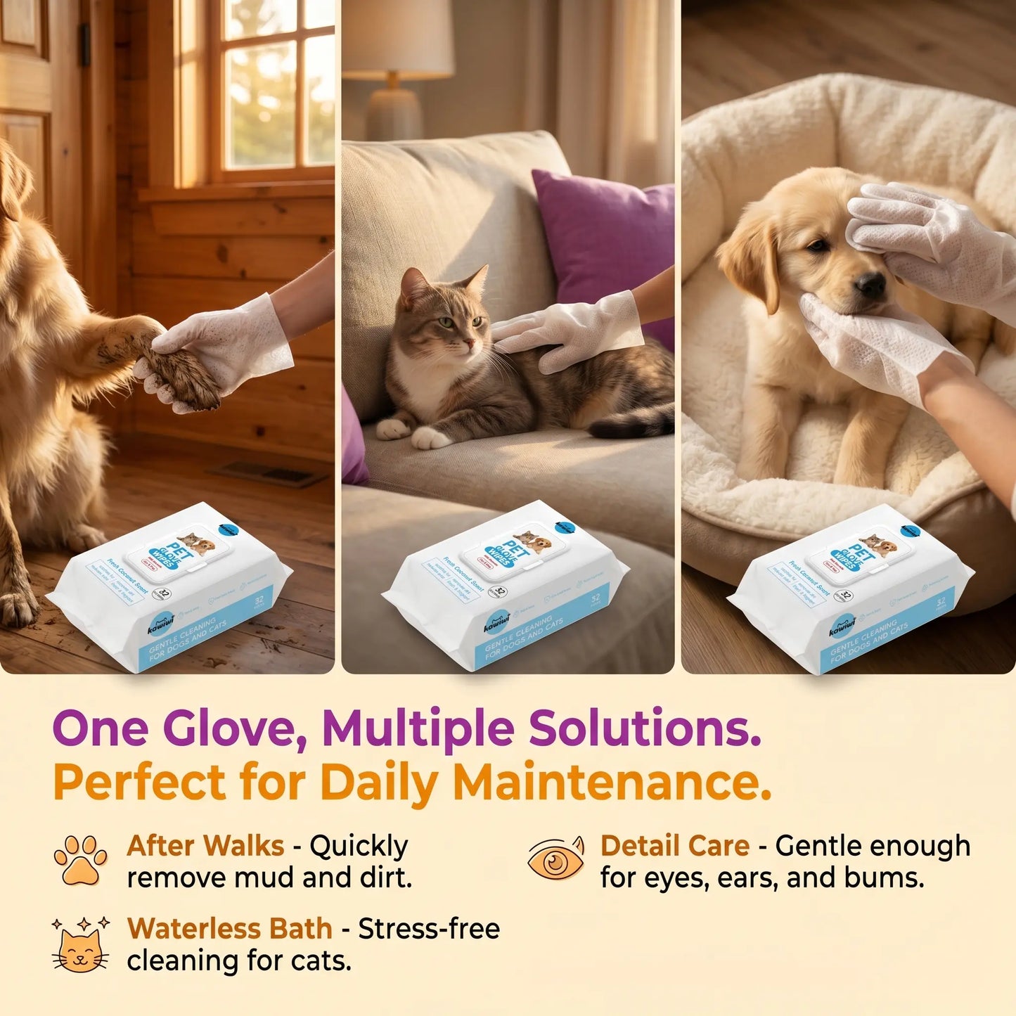 Kawiwi 32-Piece Pet Grooming Wipes - Coconut Scented Hypoallergenic Disposable Glove Wipes for Dogs and Cats, No-Rinse Dry Cleaning, Fur Nourishment, Hair Removal, and Skin Care for Daily and Travel Use