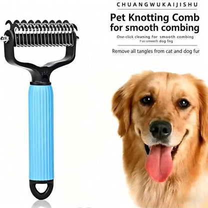 Pet Detangling Comb and Double-Sided Grooming Brush for Dogs and Cats with One-Click Undercoat Rake for Shedding and Mats