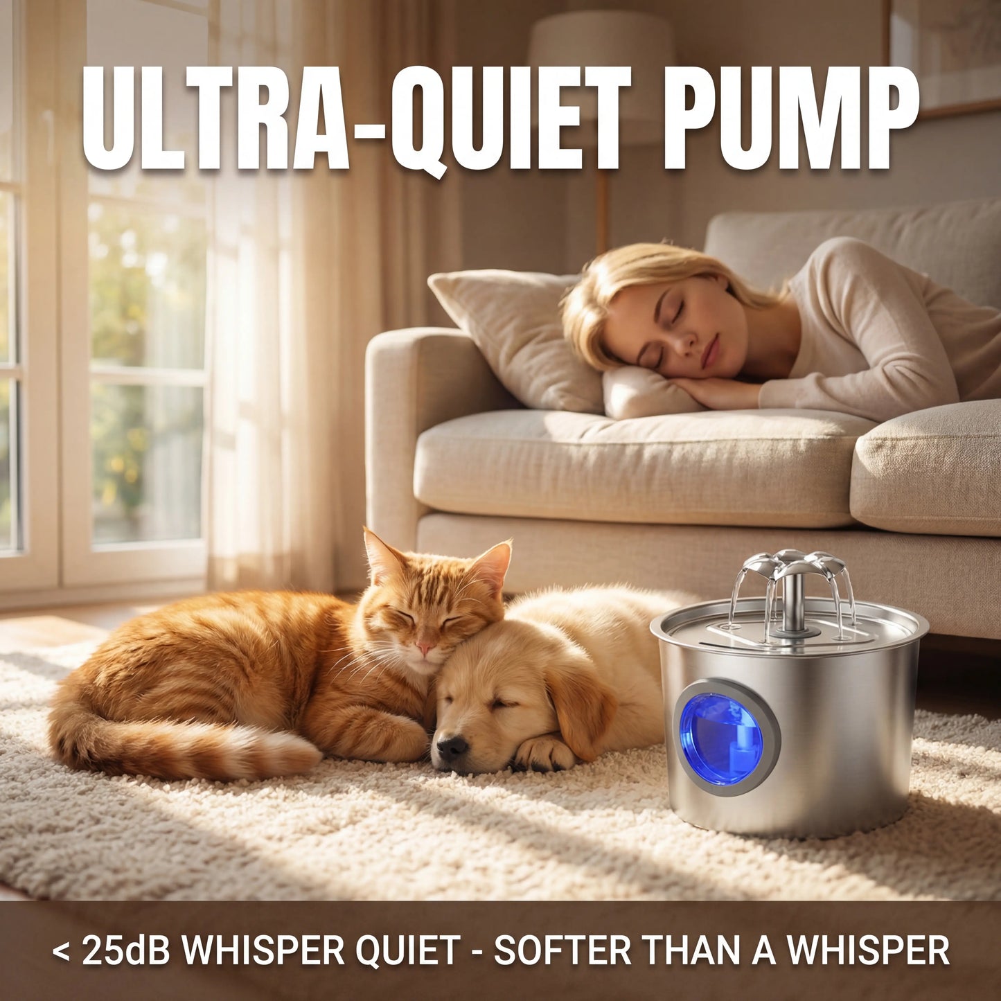 Professional Silent Cat Water Dispenser 2.2L - Stainless Steel Water Outlet with Night Light, 6-Layer Filtration, Automatic Gravity Supply, Leak-Proof Design, and Easy Maintenance