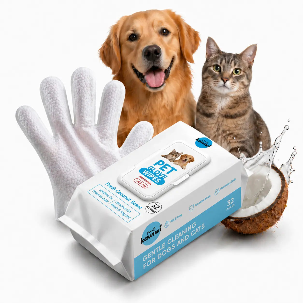 Kawiwi 32-Piece Pet Grooming Wipes - Coconut Scented Hypoallergenic Disposable Glove Wipes for Dogs and Cats, No-Rinse Dry Cleaning, Fur Nourishment, Hair Removal, and Skin Care for Daily and Travel Use