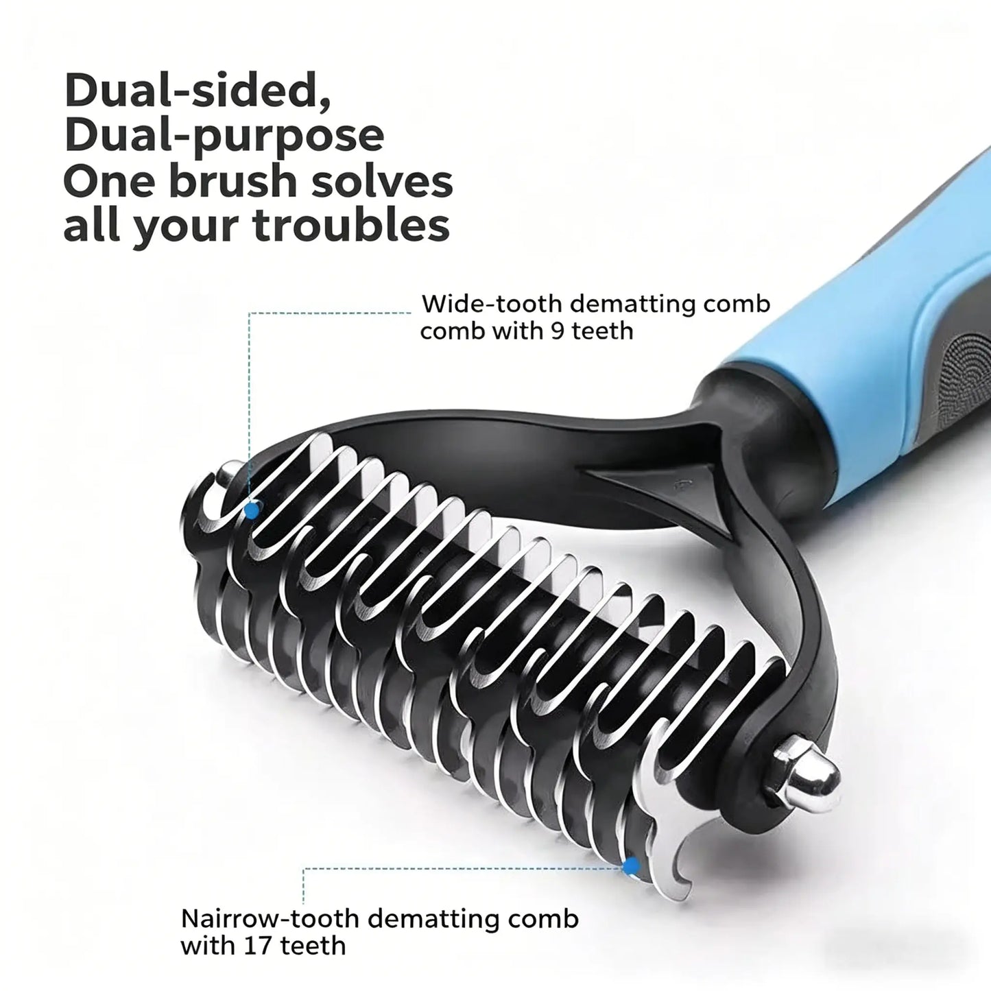 Pet Detangling Comb and Double-Sided Grooming Brush for Dogs and Cats with One-Click Undercoat Rake for Shedding and Mats