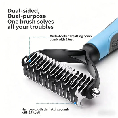 Pet Detangling Comb and Double-Sided Grooming Brush for Dogs and Cats with One-Click Undercoat Rake for Shedding and Mats
