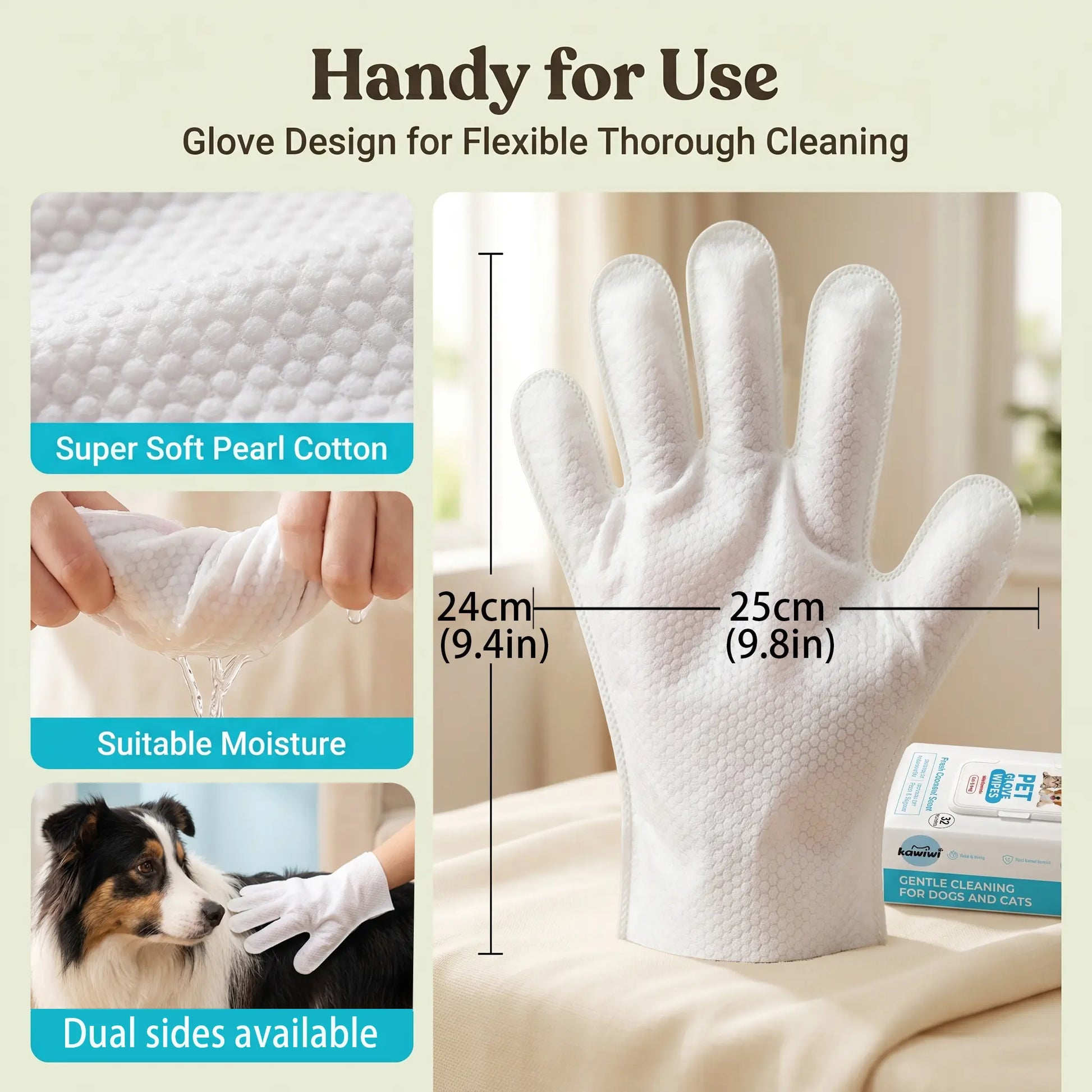 Kawiwi 32-Piece Pet Grooming Wipes - Coconut Scented Hypoallergenic Disposable Glove Wipes for Dogs and Cats, No-Rinse Dry Cleaning, Fur Nourishment, Hair Removal, and Skin Care for Daily and Travel Use