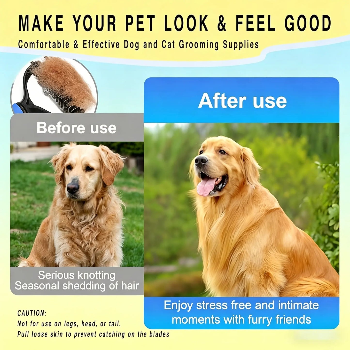 Pet Detangling Comb and Double-Sided Grooming Brush for Dogs and Cats with One-Click Undercoat Rake for Shedding and Mats