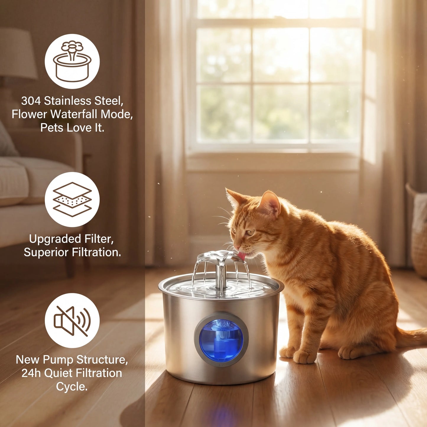 Professional Silent Cat Water Dispenser 2.2L - Stainless Steel Water Outlet with Night Light, 6-Layer Filtration, Automatic Gravity Supply, Leak-Proof Design, and Easy Maintenance