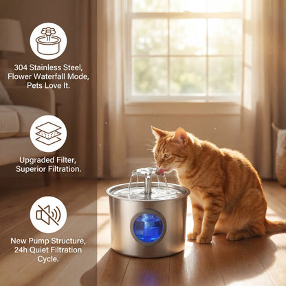 Professional Silent Cat Water Dispenser 2.2L - Stainless Steel Water Outlet with Night Light, 6-Layer Filtration, Automatic Gravity Supply, Leak-Proof Design, and Easy Maintenance
