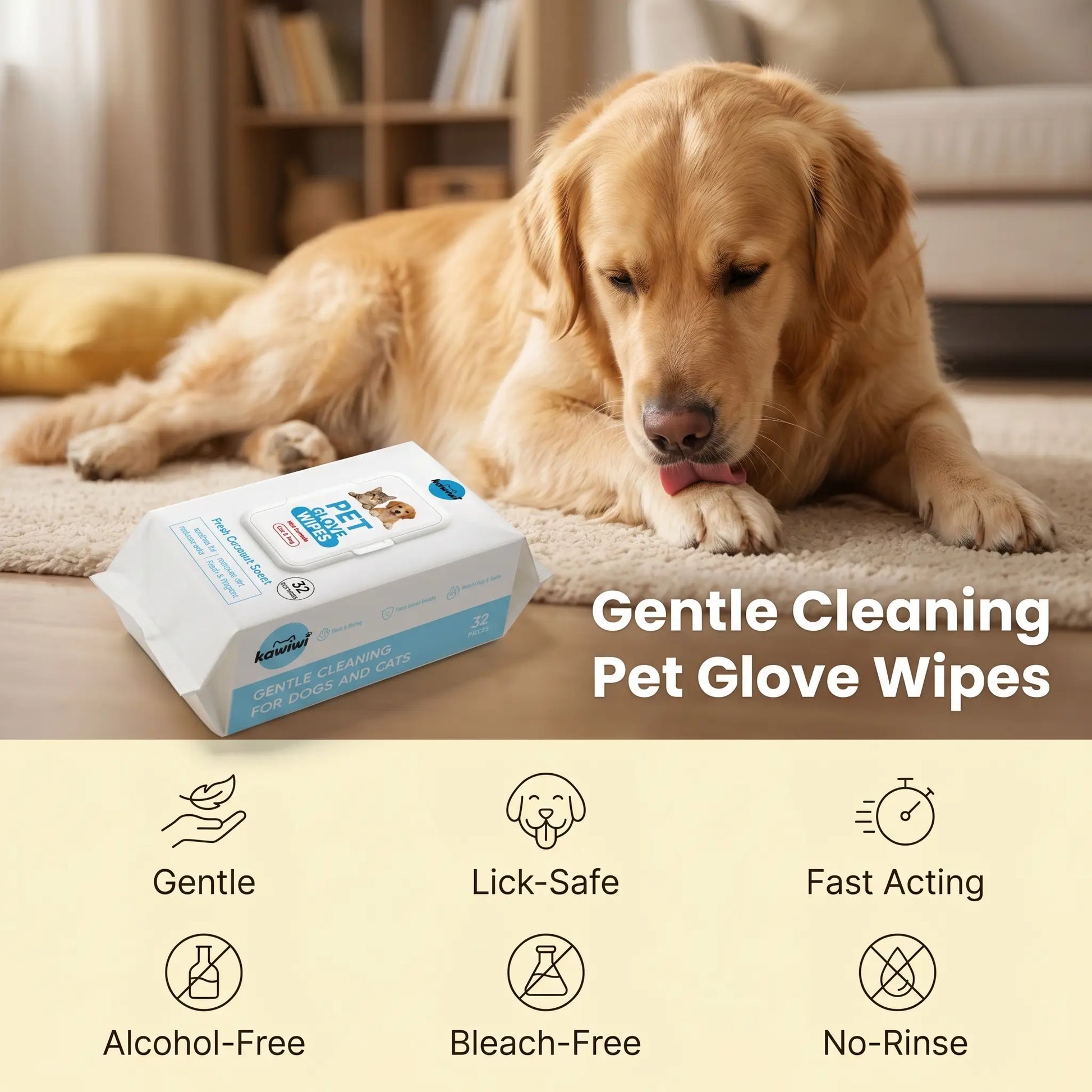 Kawiwi 32-Piece Pet Grooming Wipes - Coconut Scented Hypoallergenic Disposable Glove Wipes for Dogs and Cats, No-Rinse Dry Cleaning, Fur Nourishment, Hair Removal, and Skin Care for Daily and Travel Use