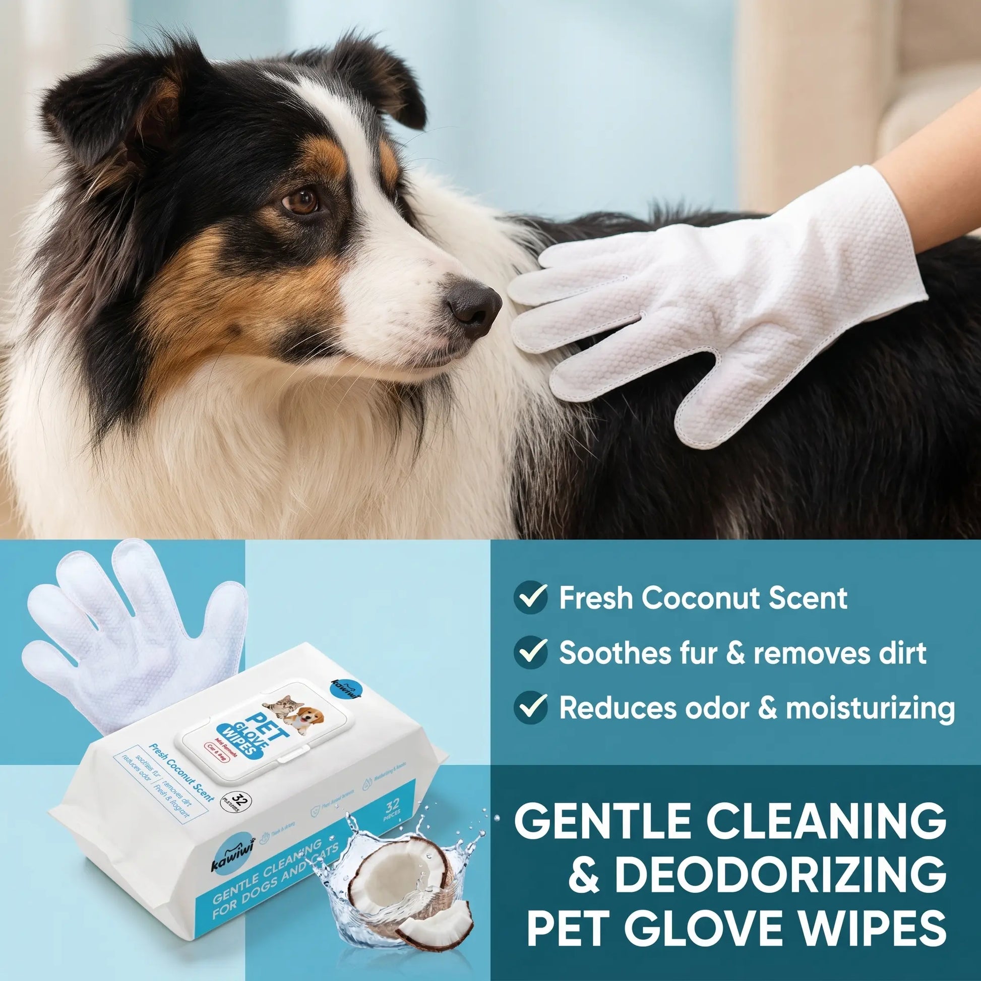 Kawiwi 32-Piece Pet Grooming Wipes - Coconut Scented Hypoallergenic Disposable Glove Wipes for Dogs and Cats, No-Rinse Dry Cleaning, Fur Nourishment, Hair Removal, and Skin Care for Daily and Travel Use
