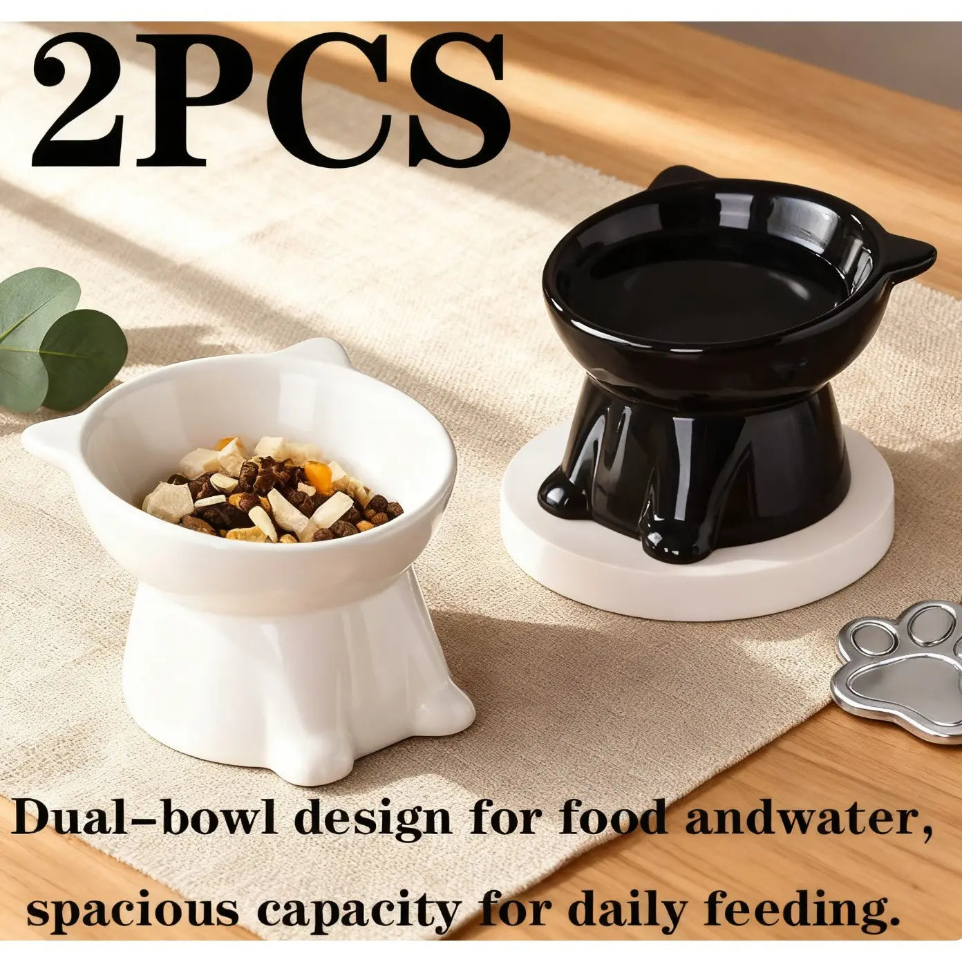 2-Piece Elevated Pet Feeding Bowl Set, Anti-Vomit Design for Neck and Spine Protection, Non-Slip Base, Durable Plastic, Ideal for Cats and Small Dogs