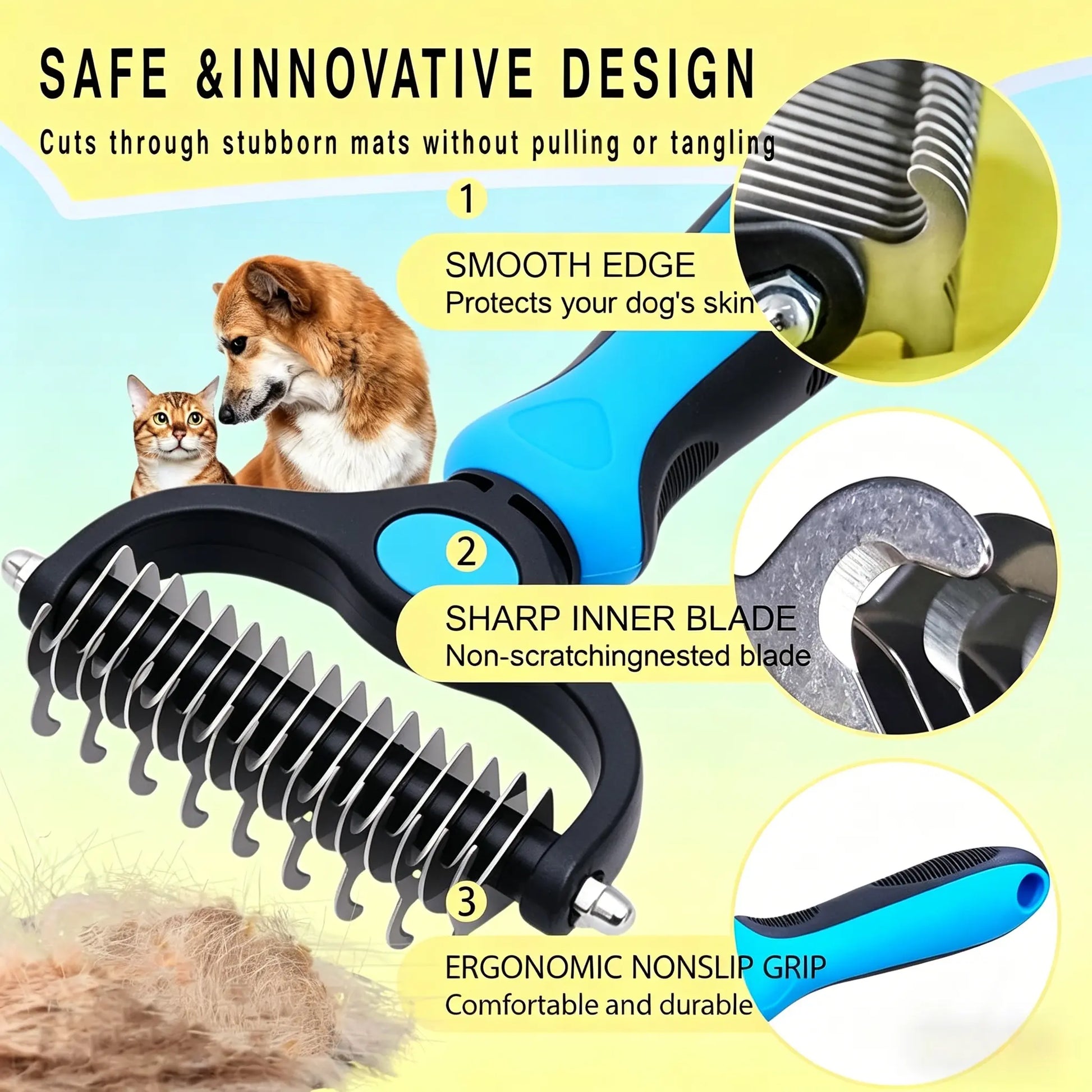 Pet Detangling Comb and Double-Sided Grooming Brush for Dogs and Cats with One-Click Undercoat Rake for Shedding and Mats